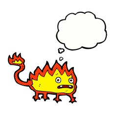 cartoon little fire demon with thought bubble N20