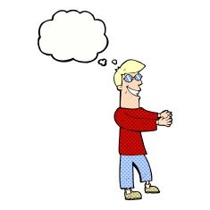 cartoon grinning man wearing glasses with thought bubble N10