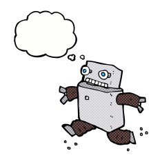 cartoon running robot with thought bubble N9