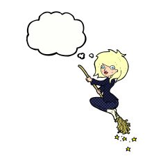 cartoon witch riding broomstick with thought bubble N18