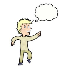 cartoon happy man pointing with thought bubble N55
