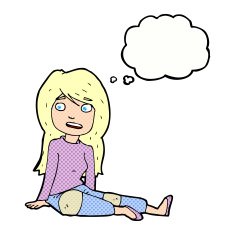 cartoon girl sitting on floor with thought bubble N9