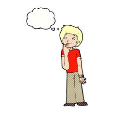 cartoon boy wondering with thought bubble N9