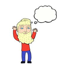 cartoon bearded man waving arms with thought bubble N9