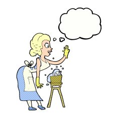 cartoon housewife washing up with thought bubble N10