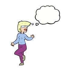 cartoon woman waving with thought bubble N310