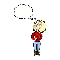 cartoon woman looking upwards with thought bubble N10