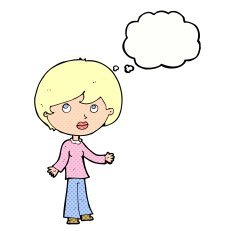 cartoon woman thinking with thought bubble N14