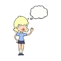 cartoon waving woman with thought bubble N131