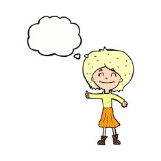 cartoon happy girl giving thumbs up symbol with thought bubble N10