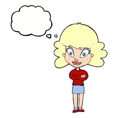 cartoon happy woman with folded arms thought bubble N19