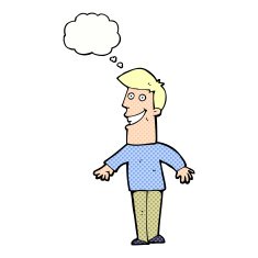 cartoon grinning man with thought bubble N82