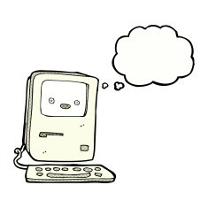 cartoon old computer with thought bubble N18