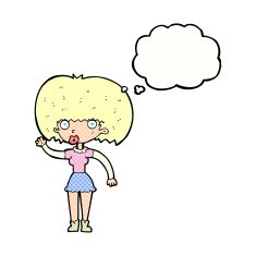 cartoon woman waving with thought bubble N311