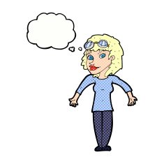 cartoon woman wearing goggles with thought bubble N10