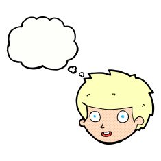 cartoon happy boy's face with thought bubble N18