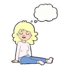 cartoon happy woman sitting on floor with thought bubble N19