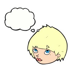 cartoon female face looking up with thought bubble N5