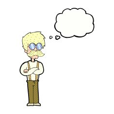 cartoon hipster man with mustache and spectacles thought bu N10