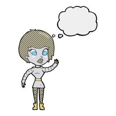 cartoon robot woman waving with thought bubble N18