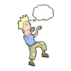 cartoon happy man doing funny dance with thought bubble N17