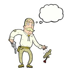 cartoon wild west cowboy with thought bubble N9