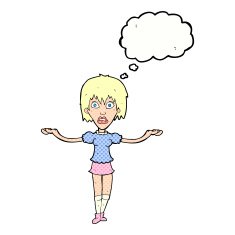 cartoon woman shrugging shoulders with thought bubble N456