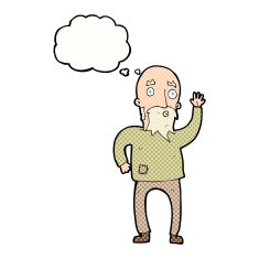cartoon old man waving with thought bubble N2