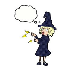 cartoon witch casting spell with thought bubble N18