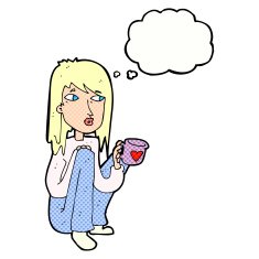 cartoon woman sitting with cup of coffee thought bubble N10