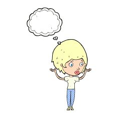 cartoon woman raising hands in air with thought bubble N18