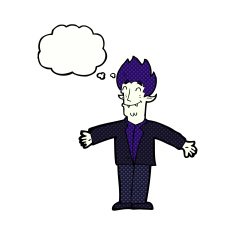 cartoon happy vampire with thought bubble N39