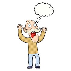 cartoon old man getting a fright with thought bubble N9