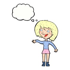 cartoon waving woman with thought bubble N133