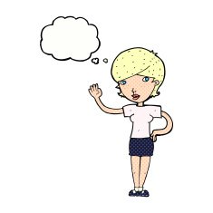 cartoon woman waving with thought bubble N314