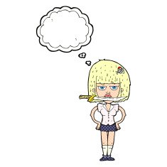 cartoon woman with knife between teeth thought bubble N36