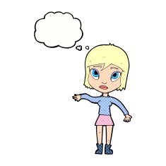 cartoon woman waving hand with thought bubble N10