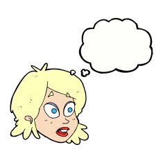 cartoon female face with surprised expression thought bubbl N18