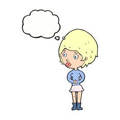 cartoon concerned woman with thought bubble N10