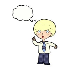 cartoon school boy answering question with thought bubble N45