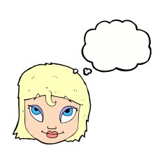 cartoon woman smiling with thought bubble N9
