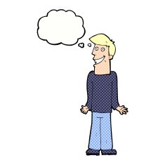 cartoon man shrugging shoulders with thought bubble N31