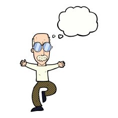 cartoon old man wearing big glasses with thought bubble N9