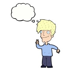 cartoon man giving peace sign with thought bubble N49
