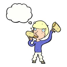 cartoon man drinking beer with thought bubble N10