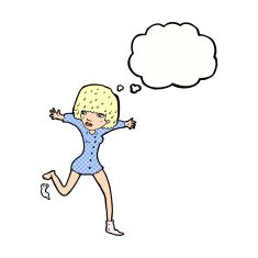 cartoon woman kicking off sock with thought bubble N9