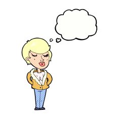 cartoon cool relaxed woman with thought bubble N10