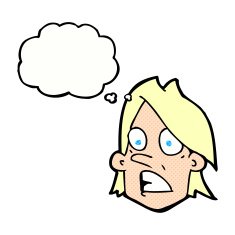 cartoon frightened face with thought bubble N10