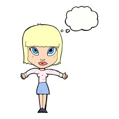 cartoon woman shrugging with thought bubble N57