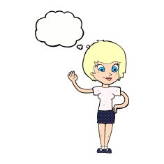 cartoon woman waving with thought bubble N316